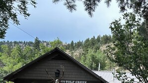 A small building with a yellow door and a mounted animal skull sign. - Wolf Creek Basecamp - Premier fishing! Walking distance to restaurants and bars (Wolf Creek)