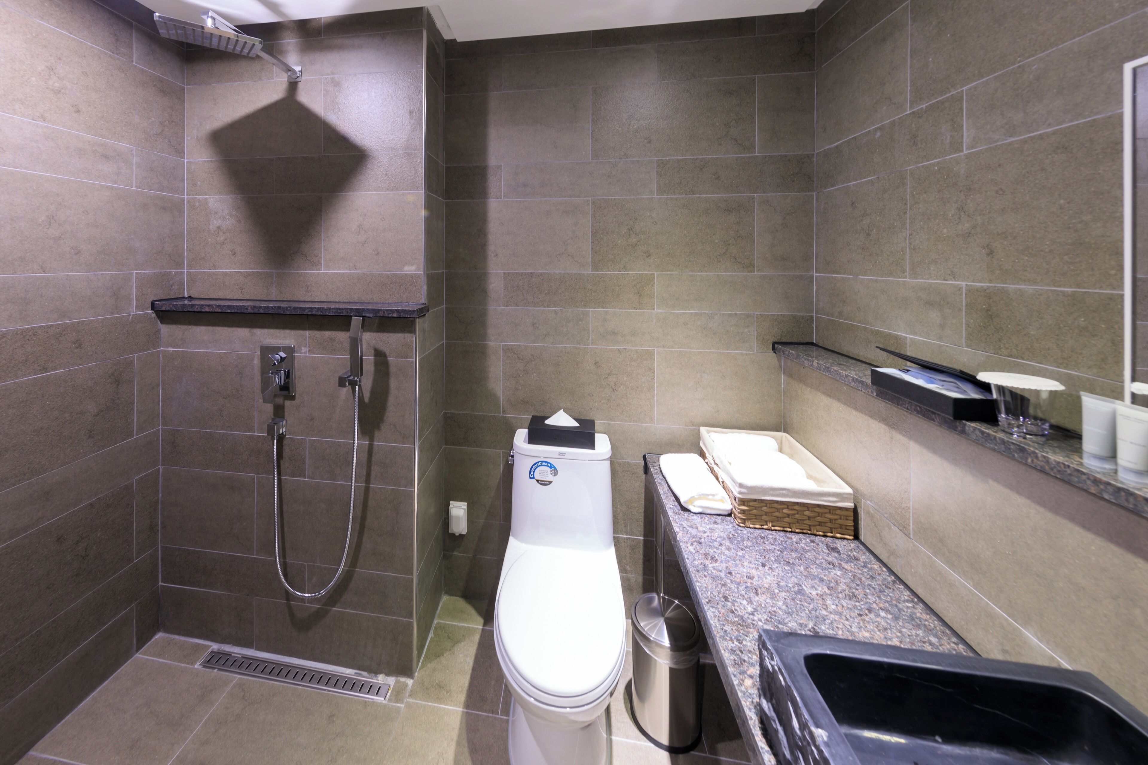 A modern bathroom with a shower, toilet, and sink.