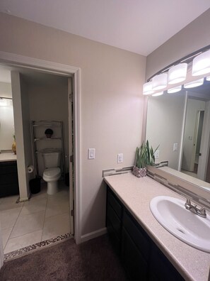 Hair dryer, towels, soap, toilet paper