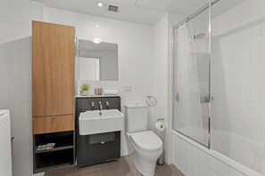 Hair dryer, towels, soap, shampoo