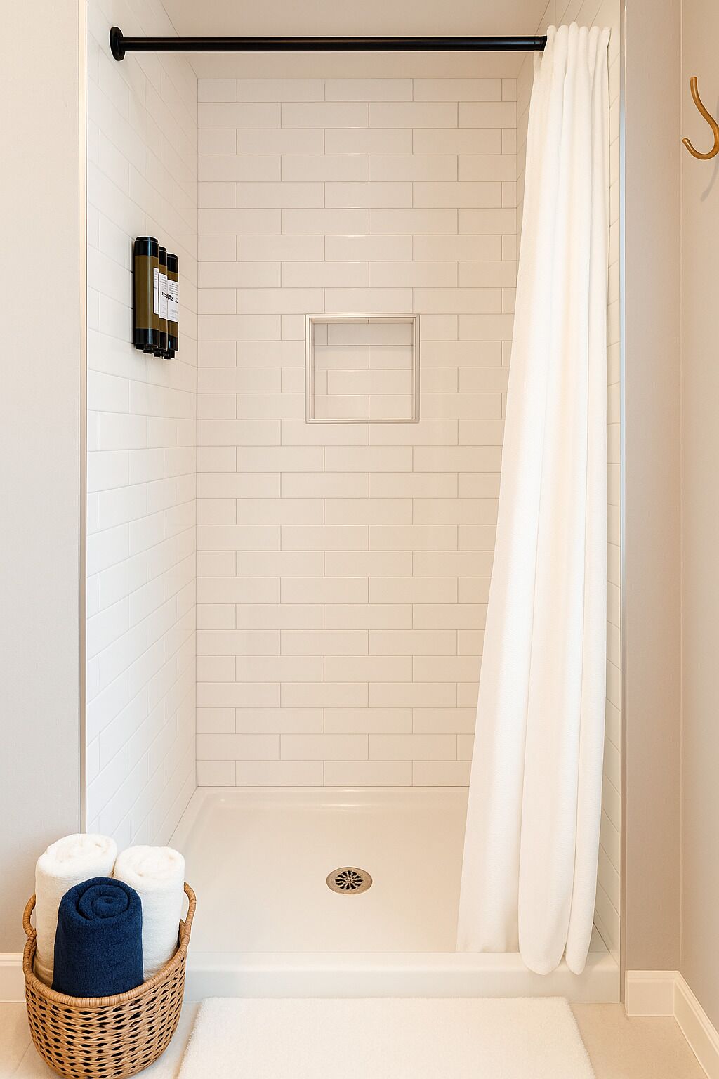 A walk-in shower with white tiled walls, a drain in the center, a basket with towels, and a black towel bar.