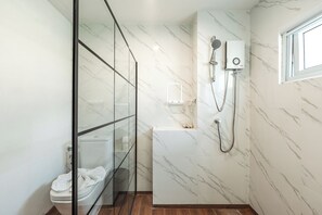 A modern bathroom with a glass shower enclosure, a toilet, and a marble wall.