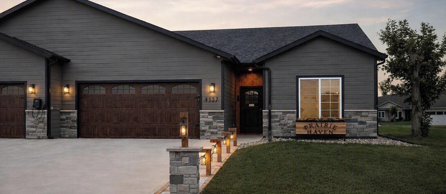 A two-story house with a dark exterior, a garage, and a stone accent wall with a sign.