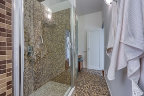 Shower, hair dryer, bidet, towels
