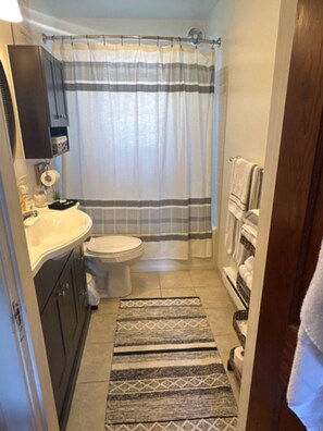 A compact bathroom with a toilet, sink, and shower curtain. - 1bd 1ba PET FRIENDLY house - add more bedrooms to sleep up to 6 - just ask! (Glasgow)