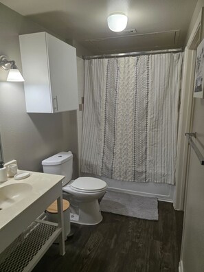 Hair dryer, towels, soap, toilet paper