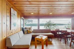 TV, fireplace, books