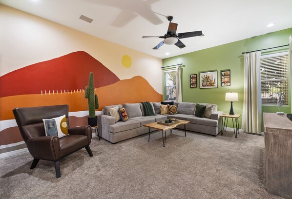 TV, fireplace, video games, books