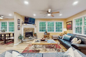 TV, fireplace, table football, ping pong