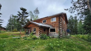 A log cabin with a porch, surrounded by lush greenery and tall trees.