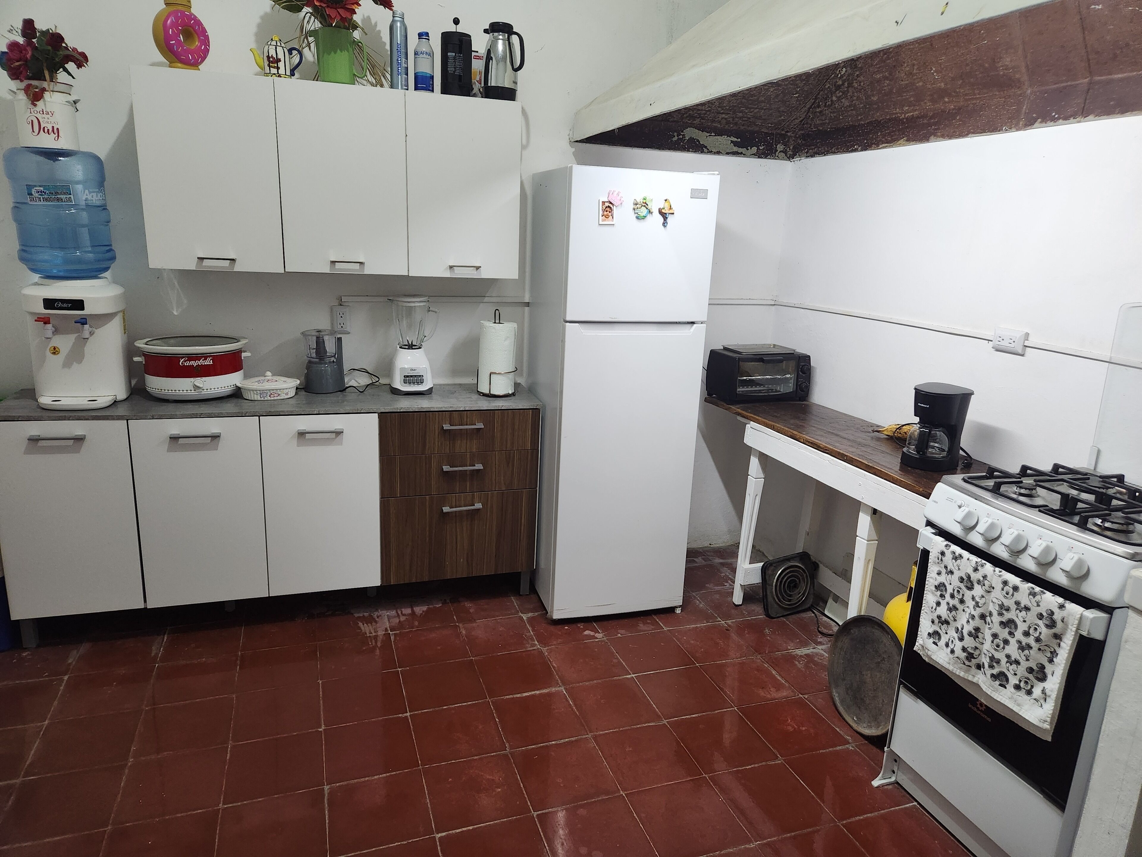 Coffee/tea maker, fridge, oven, blender