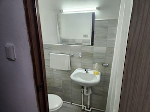 Une salle de bain équipée d’un WC, d’un lavabo, d’un miroir et d’un porte-serviettes.