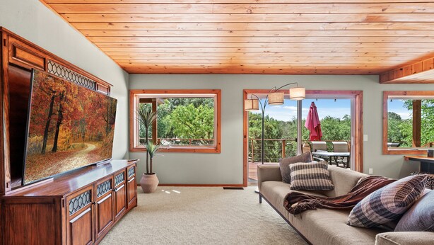 A spacious living room with a wooden ceiling, large windows, a sofa, and a TV on a wooden cabinet.