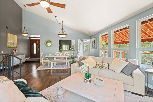 Smart TV, fireplace, books