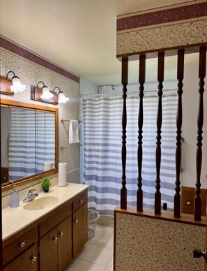 Sèche-cheveux, serviettes fournies, savon, shampoing