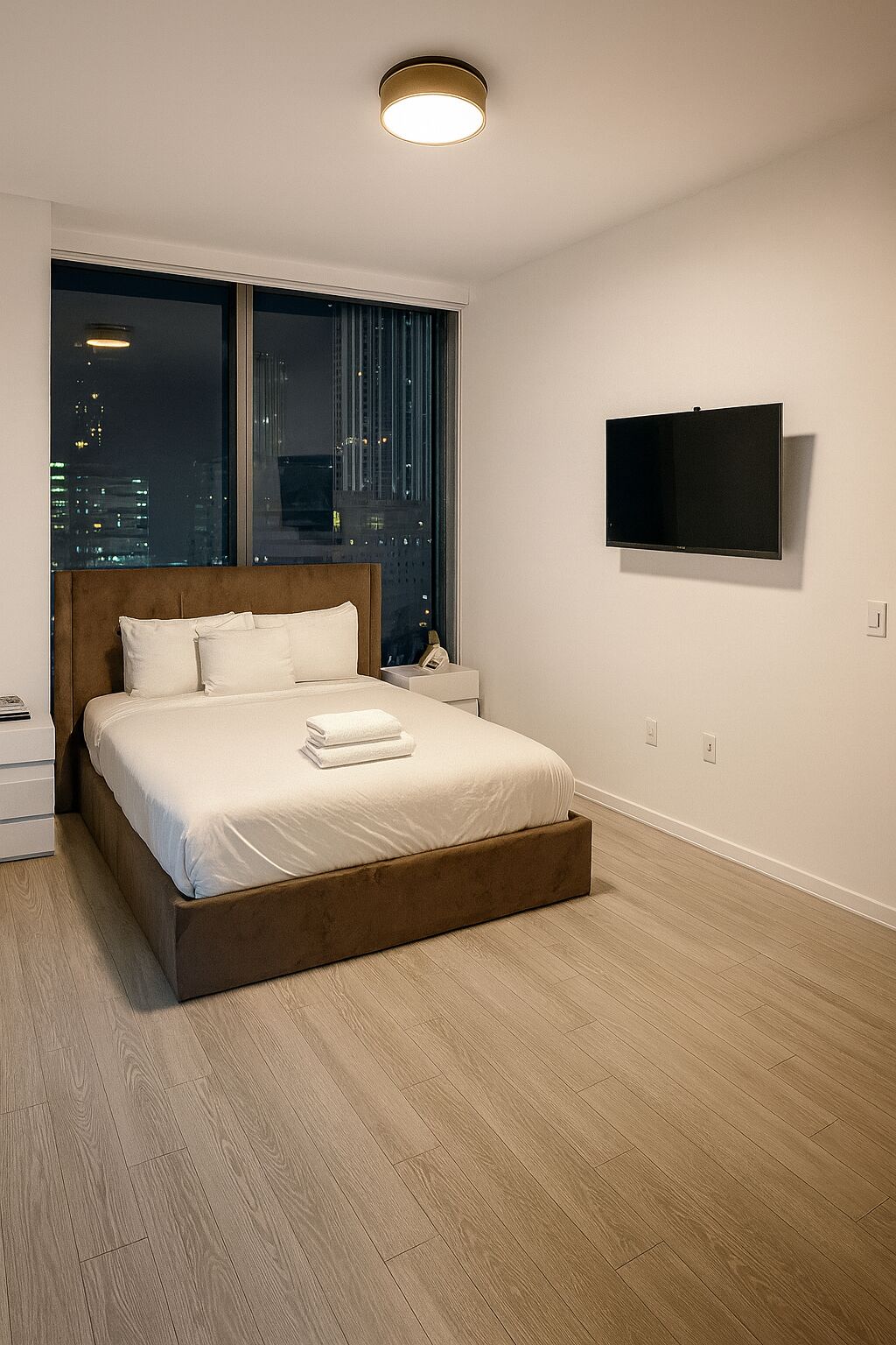 A modern bedroom with a large bed, a city view, a flat-screen TV, and a bedside table.