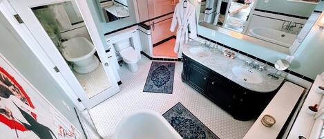 Hair dryer, towels, soap, toilet paper