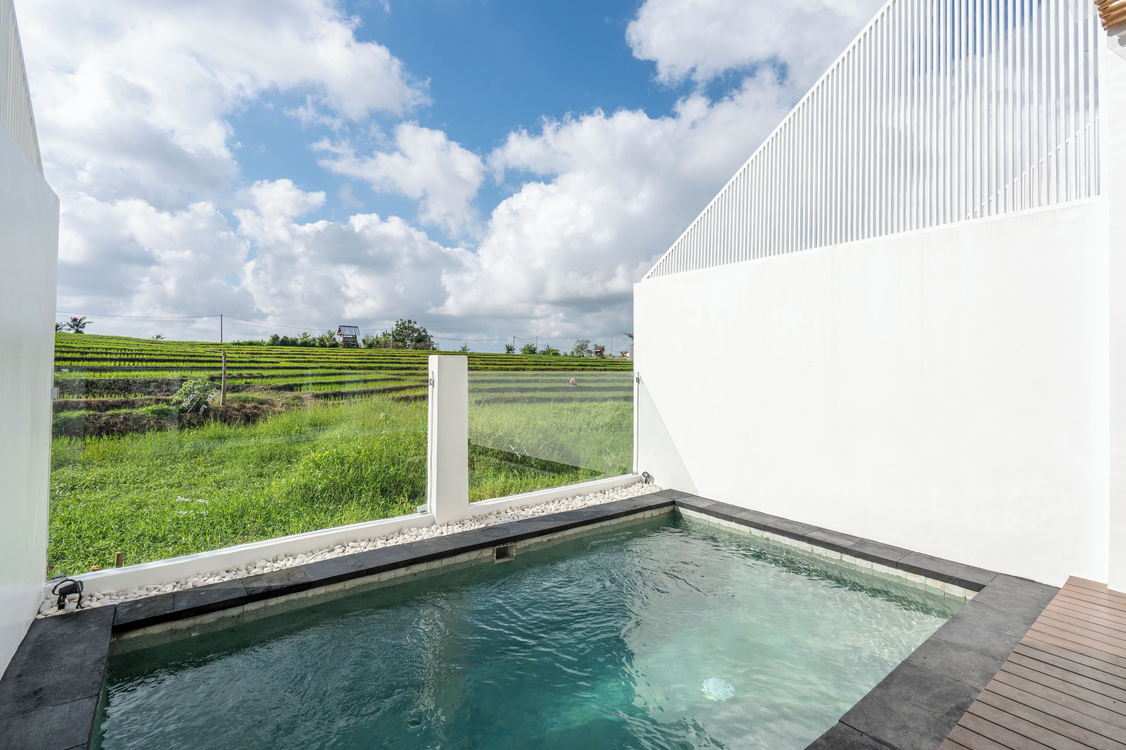 A pool with a view of a green field and a white building.