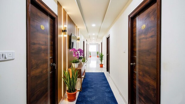 A hotel hallway with wooden doors, a blue carpet, and potted plants. - Fabhotel Aashvi (Hyderabad)