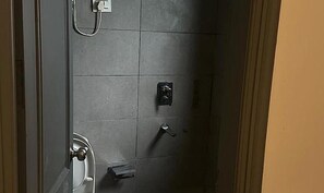 Shower, rainfall showerhead, free toiletries, towels