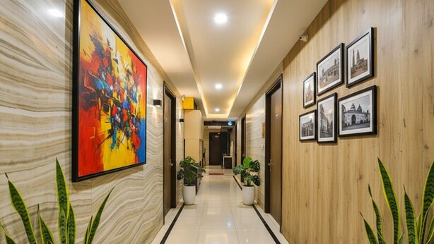 A hallway with a marble wall, a large abstract painting, potted plants, and framed pictures on the wall. - Fabhotel Park View I (New Delhi)