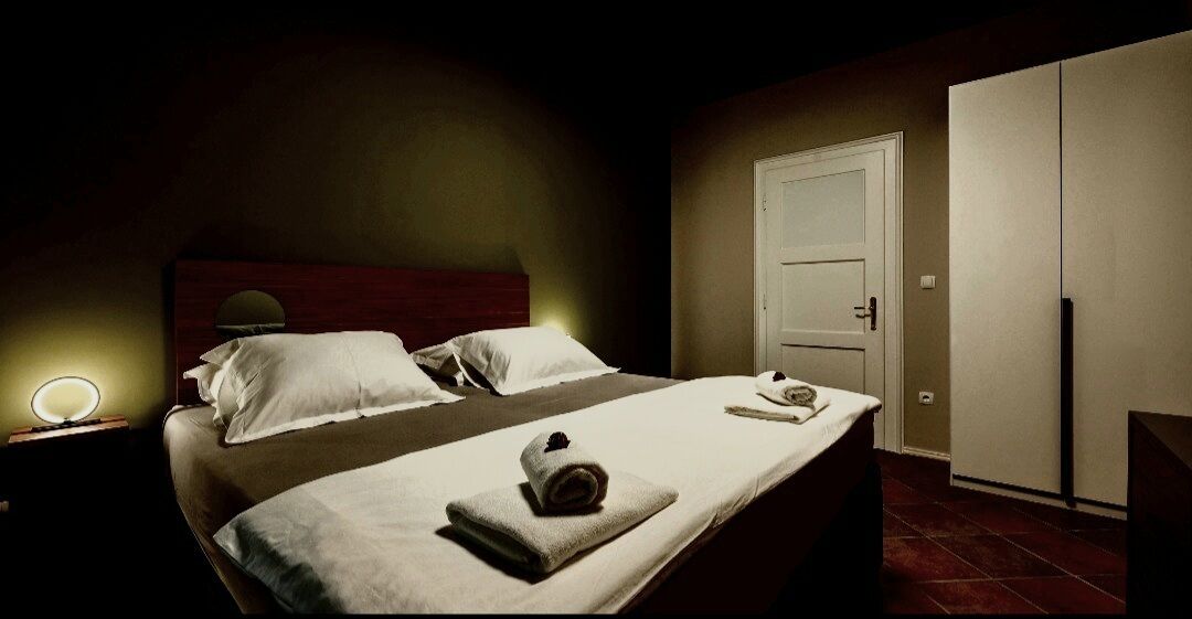 Un lit simple avec une tête de lit, une lampe de chevet, une porte et une armoire.
