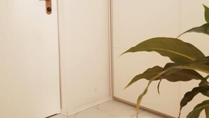 A white door with a brass handle and lock, a white fluffy rug on the floor, and a potted plant with broad leaves. - Koko&Friends, Charming Place In Quite Neighborhood (Split)