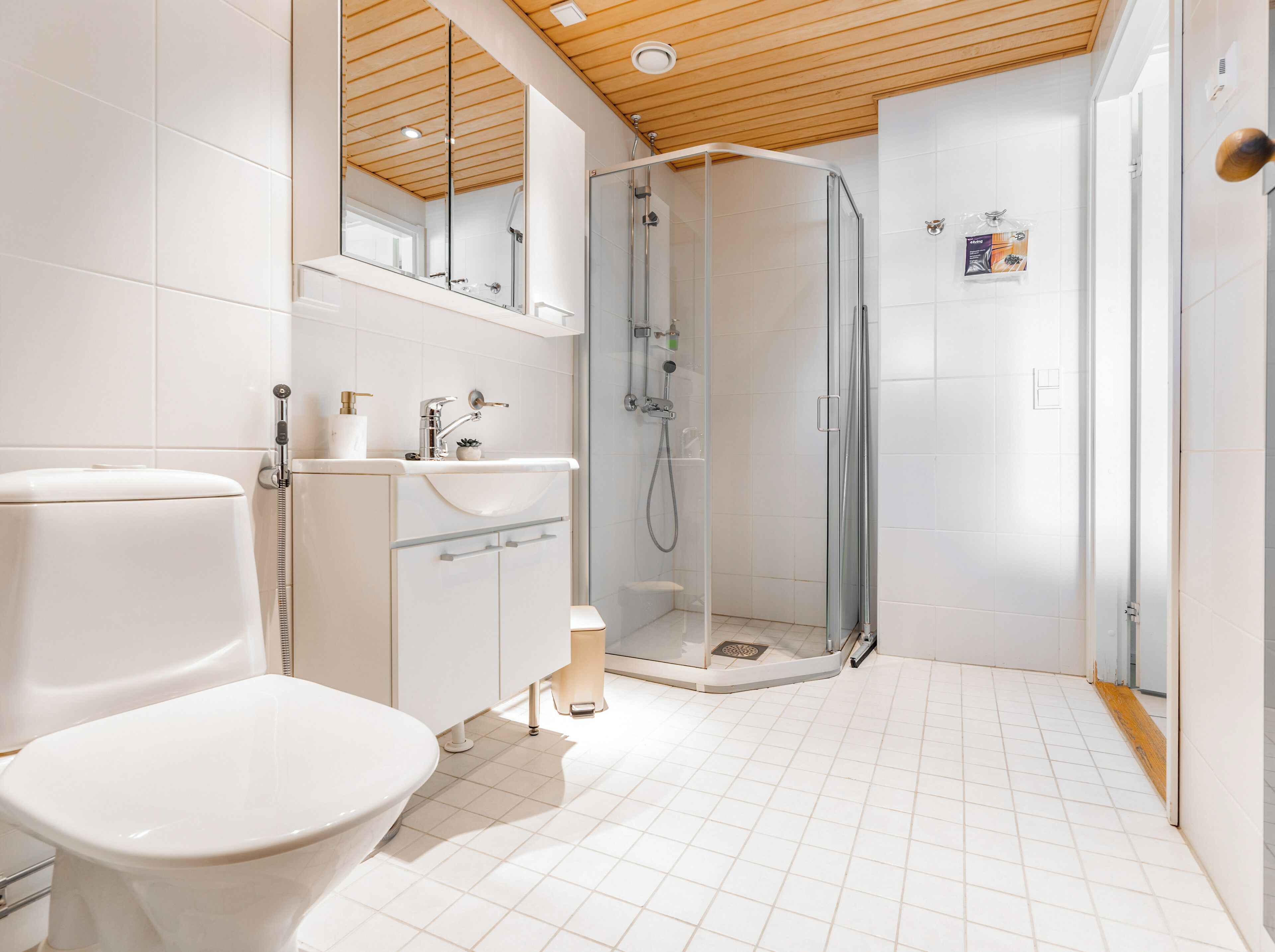 Un bagno moderno con il water, un lavandino e una doccia con pareti in vetro.