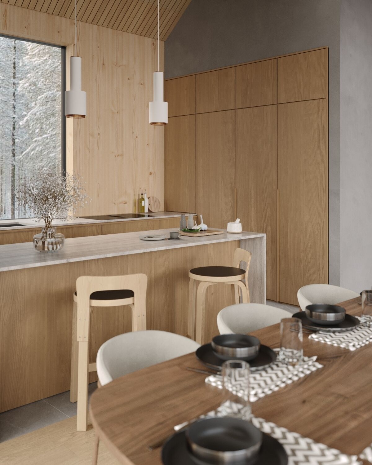 Une cuisine moderne avec des meubles en bois, un îlot central doté de tabourets et un éclairage suspendu.