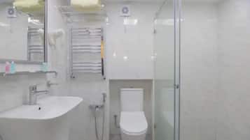 Shower, free toiletries, hair dryer, slippers