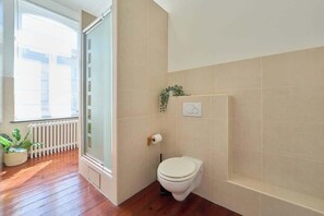 Shower, free toiletries, hair dryer, slippers