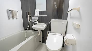 Combined shower/tub, hair dryer, slippers, towels