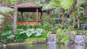 Una glorieta en un jardín exuberante con un estanque y una cascada pequeña.