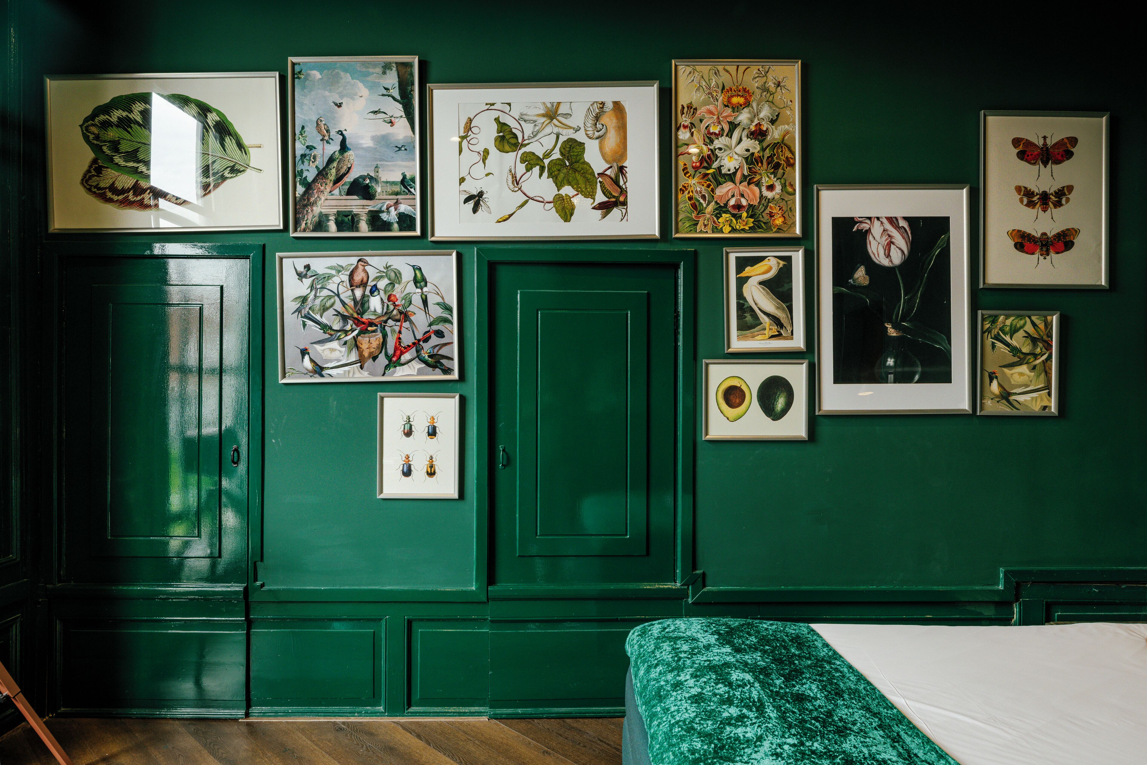 Ein Zimmer mit grünen Wänden, einem Bett mit grüner Bettdecke und verschiedenen gerahmten botanischen und Insektenabbildungen an der Wand.