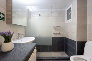 Shower, hair dryer, soap, shampoo