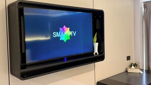 Un televisor de pantalla plana montado en la pared, con el logotipo "SMARTTV" y una planta decorativa a su lado.