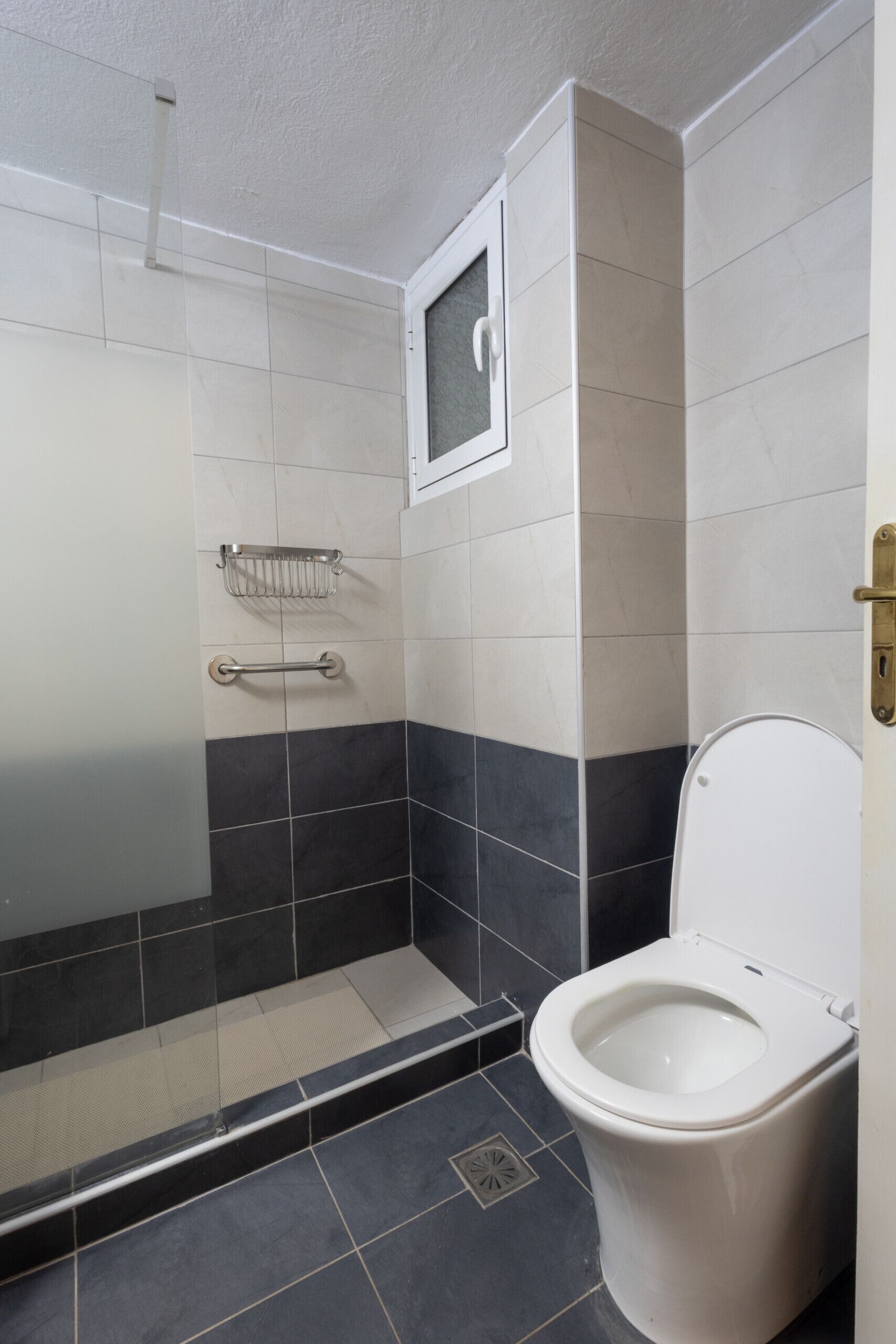 Une salle de bain équipée de toilettes, d’une douche et d’une barre d’appui.