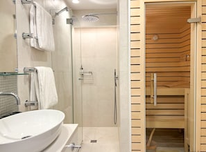 Shower, hair dryer, soap