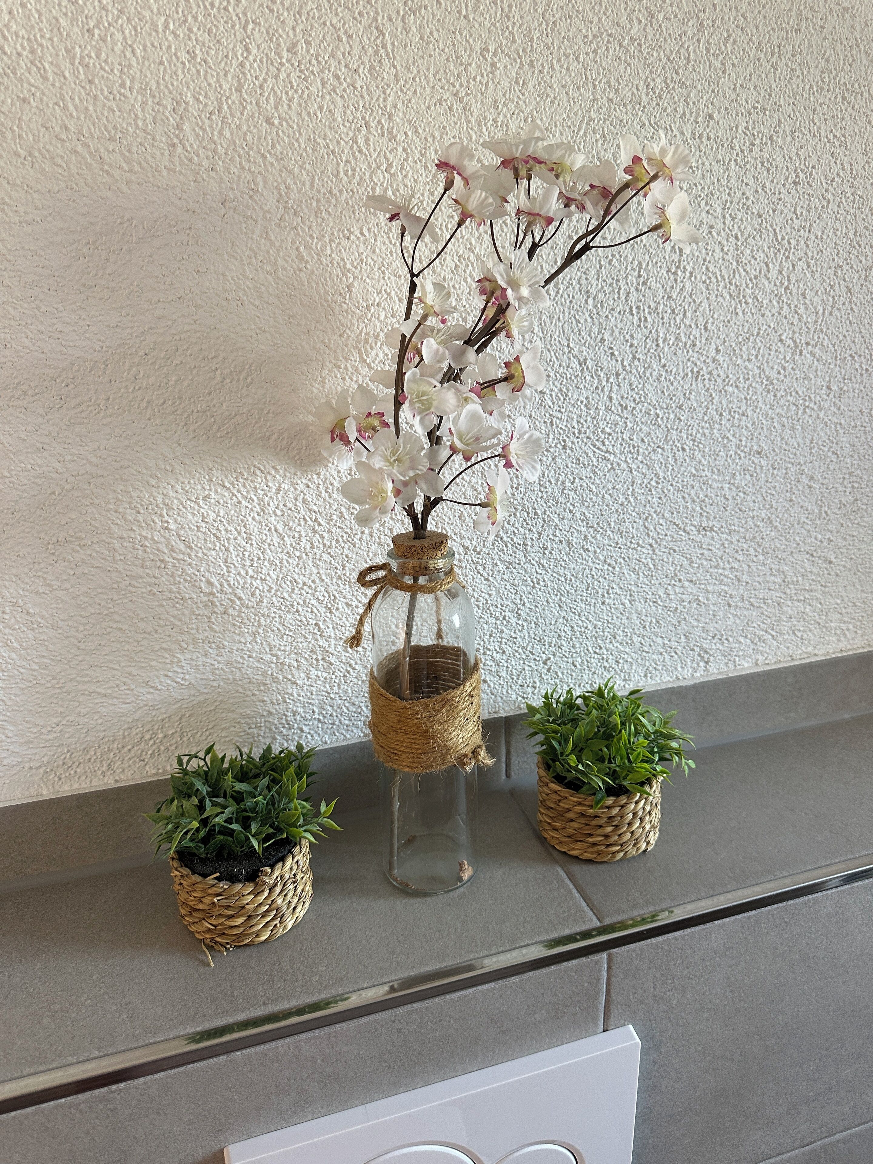 Un vase en verre contenant des fleurs blanches et deux petites plantes en pot, le tout posé sur une étagère.