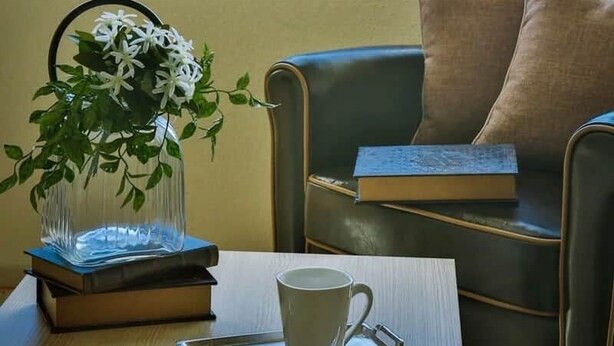 A room with a view of the sea, a table with a cup, books, and a plant. - Evlogia Village by Greek Pride (Nea Skioni)