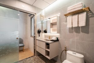 Une salle de bain moderne avec une douche à parois de verre, un meuble-lavabo avec un évier et un miroir, des toilettes et un porte-serviettes.