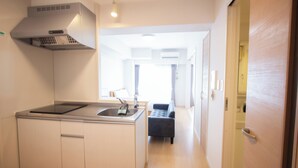 A modern kitchen with a built-in stove, sink, and ventilation hood. There is a dark-colored sofa in the adjacent living area. - Felice Hakata (Fukuoka)