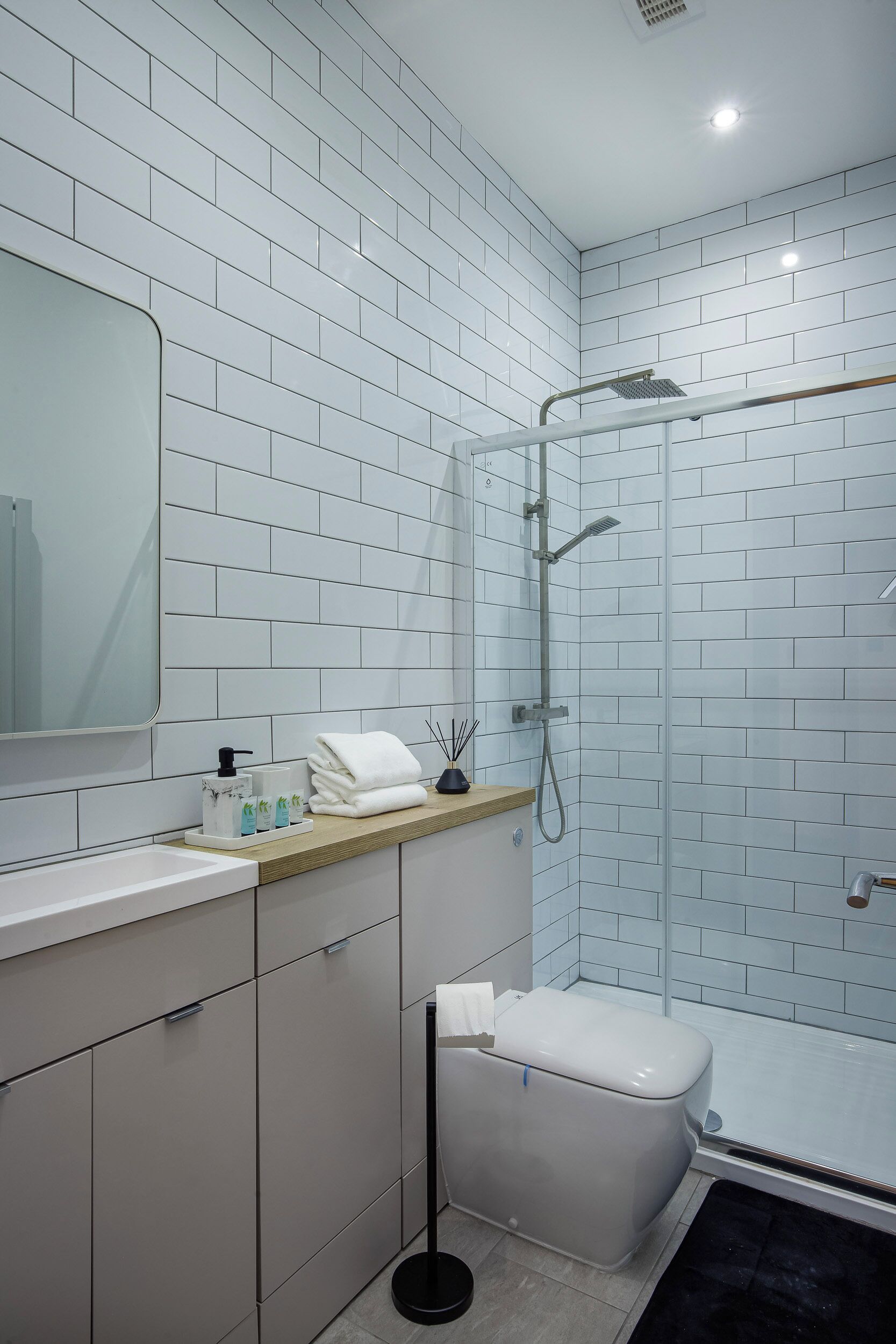 Shower, towels, soap, toilet paper