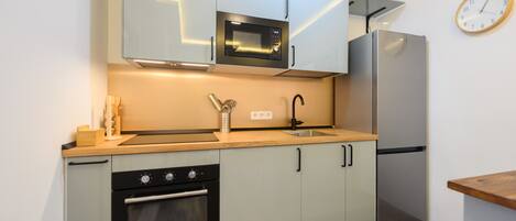 Fridge, microwave, oven, electric kettle