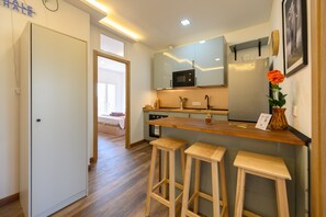 Fridge, microwave, oven, electric kettle