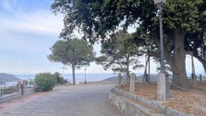 A paved pathway with stone walls and trees, leading to a view of the sea.