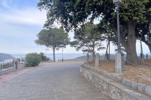 A paved pathway with stone walls and trees, leading to a view of the sea.