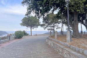 A paved pathway with stone walls and trees, leading to a view of the sea.