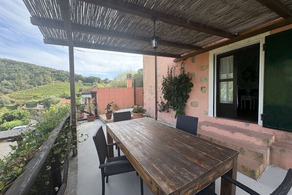 Une terrasse couverte avec une table et des chaises en bois, une vue sur un vignoble et un bâtiment avec une porte verte.