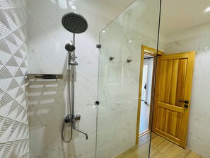 Hair dryer, bidet, towels, soap
